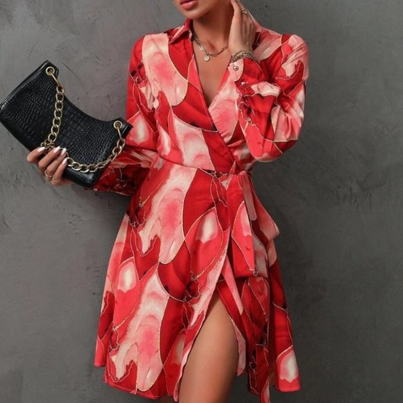 Allover Print Knot Side Wrap Long sleeve Dress red - Picture 2 of 7